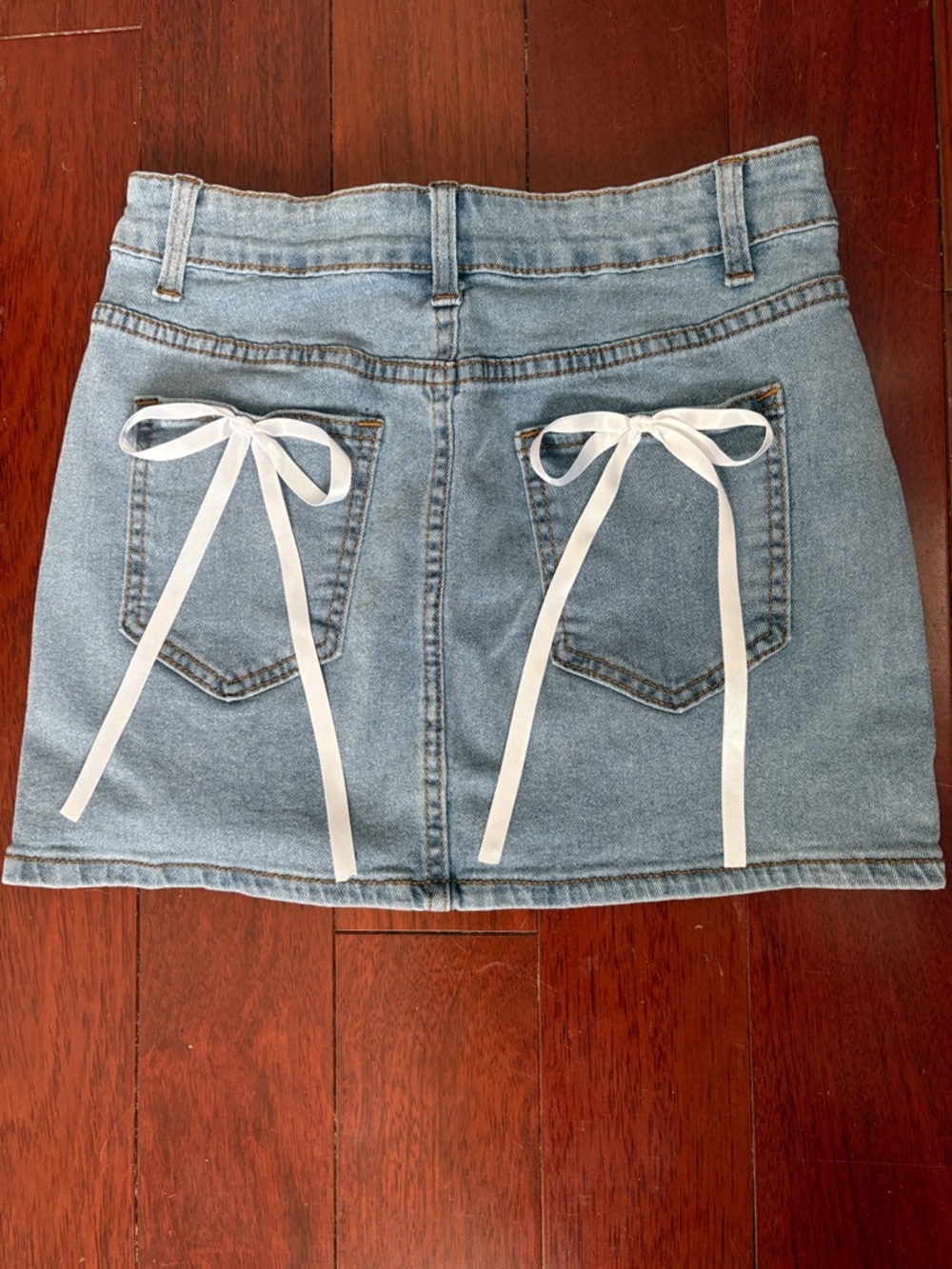 Light Blue Denim Mini Skirt with White Ribbon Bows Size 6